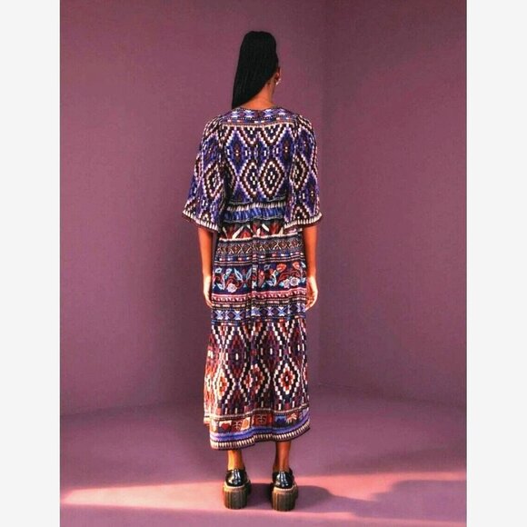 FARM Rio Maxi Dress M Blue Ainika Tapestry Tribal Aztec High Neck Party Resort - Picture 3 of 13